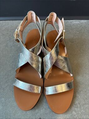 J. Crew Metallic Silver Leather Cross-Strap Women's Sandals